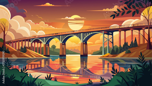 
Very beautiful George P. Coleman Memorial Bridge over York River at sunset, reflecting warm colors, tranquil summer sky, and scenic Virginia evening view.