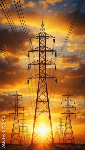 Illuminated high voltage power lines against a sky filled with golden hues at sunset
