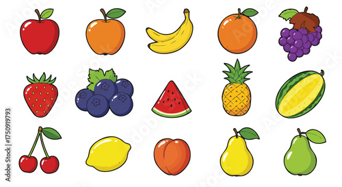 A vibrant assortment of fresh, colorful fruits, including apples, bananas, oranges, grapes, and berries, arranged in a cheerful, inviting display.
