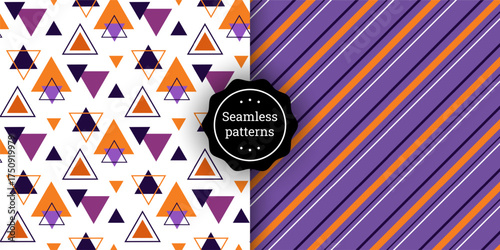 Set of seamless geometric vector patterns with triangles and diagonal stripes in purple and orange tones. Modern abstract backgrounds perfect for fabric, wrapping paper, stationery, and branding.