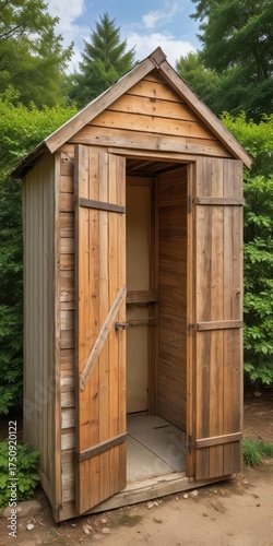 Rustic wooden garden shed with creaky door open