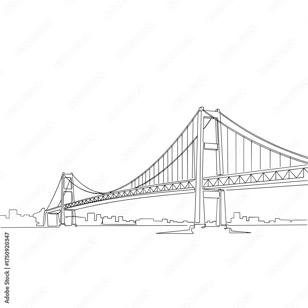 Obraz premium Suspension bridge and cityscape in a single continuous line drawing, black and white, representing urban infrastructure, with copy space