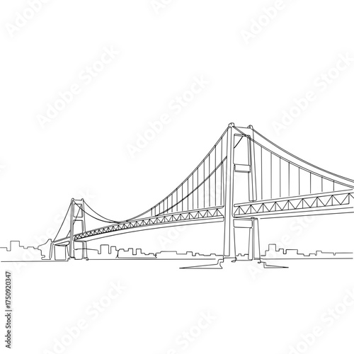 Suspension bridge and cityscape in a single continuous line drawing, black and white, representing urban infrastructure, with copy space