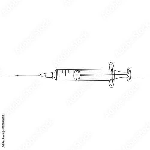 Syringe injection in continuous line art, black and white, representing healthcare and vaccination, with copy space