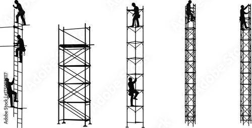 Scaffolding silhouettes, construction workers climbing, industrial safety, maintenance platforms, building support structures, ladder access, elevated work, engineering site, silhouette vector