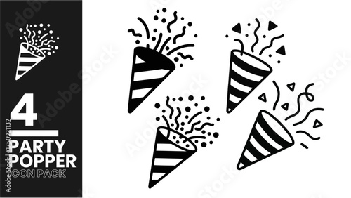 Black and White Party Popper Icons Set Celebratory Confetti Symbols for Celebration Events