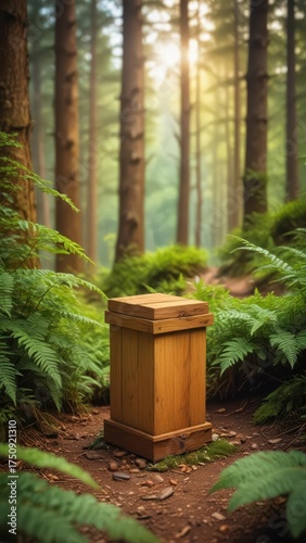 Wooden time capsule partially buried in earthy forest landscape with trees and ferns surrounding it