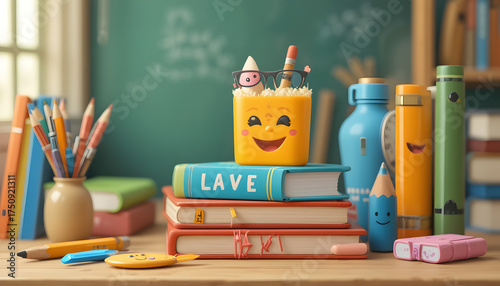 Cheerful School Desk with Books  Learning Supplies  Back to Education Concept