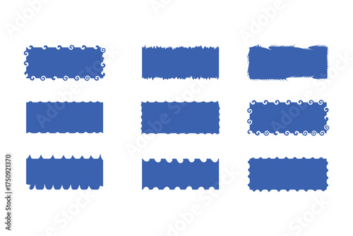 Collection of nine blue rectangular frames with jagged or torn edges on a white background
