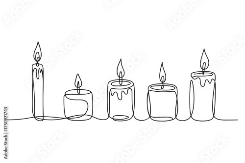 Continuous one line drawing of candle set with burning flames minimalist vector illustration
