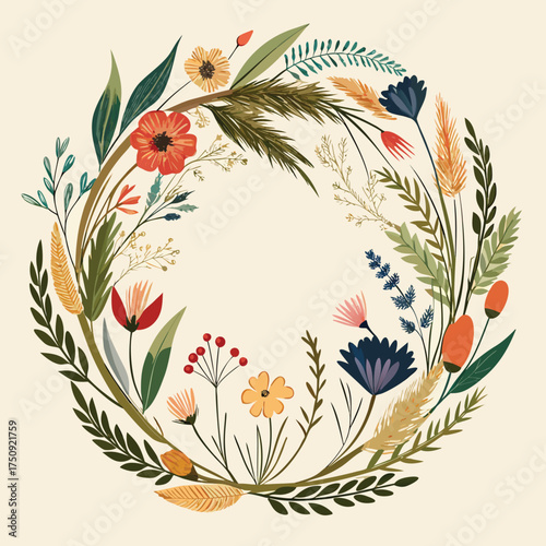 Boho Floral Wreath with Wildflowers and Grasses vector