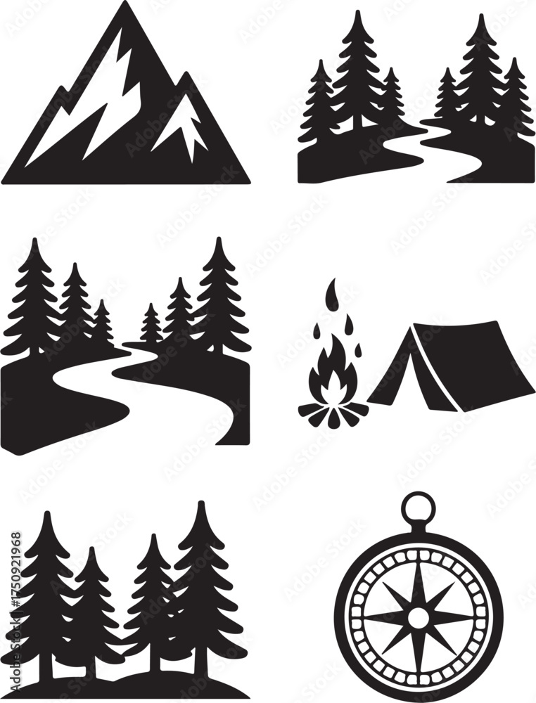 Obraz premium Adventure awaits with nature camping icons set