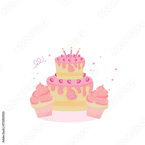 Birthday cake and cupcakes with candles. Pink vector illustration. Festive vibe, good mood, and tenderness. Cartoon style illustration. Vector illustration for cards, posters, and holiday invitations.