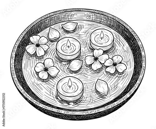 Hand-Drawn Bowl with Floating Candles and Flowers in Classic Sketch Style. Vector Illustration for Relaxation and Spa Concepts.
