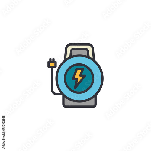 A blue power generator device representing electricity production, portable energy sources, and emergency backup power solutions.