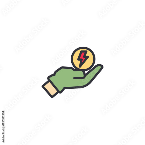 A human hand holding a lightning bolt showing renewable energy, clean power innovation, and eco-friendly technological solutions.
