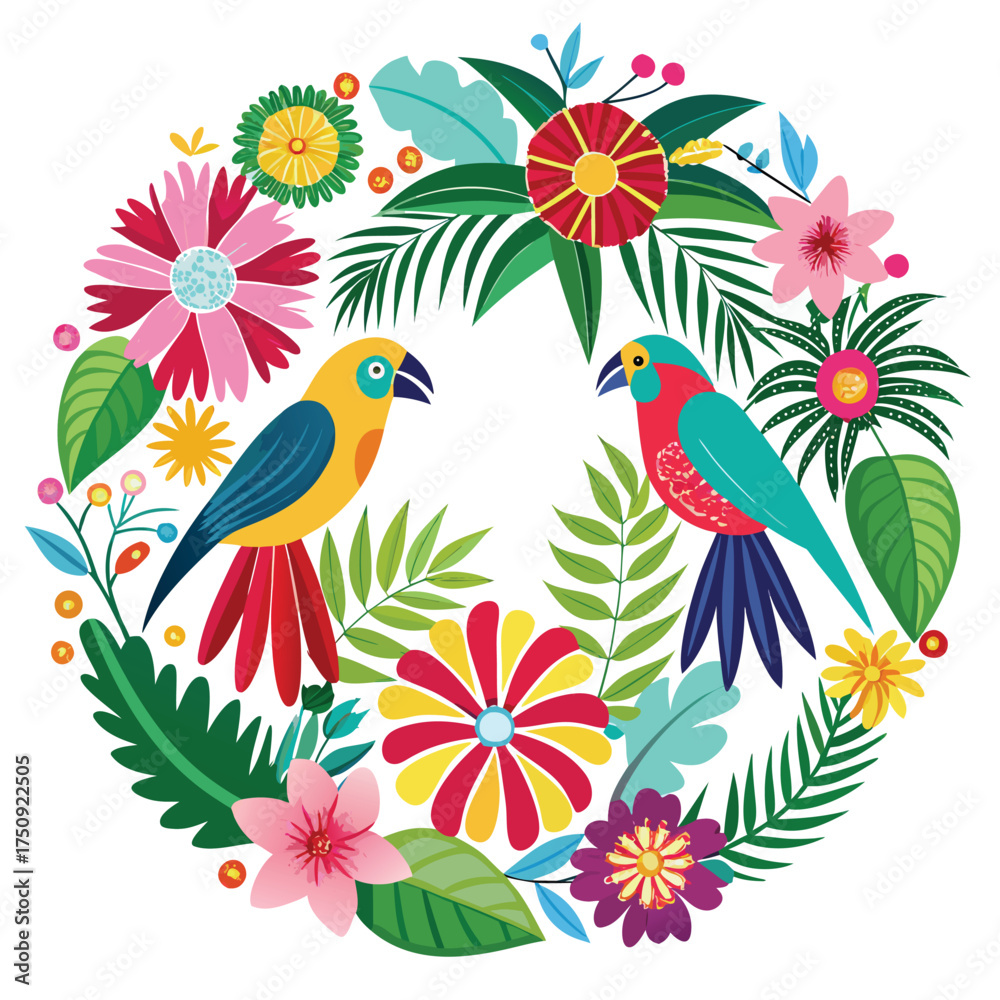 Fototapeta premium Tropical Wreath with Parrots and Exotic Flowers birds