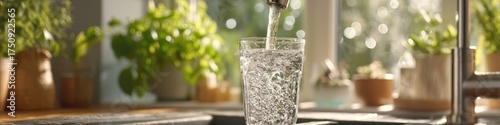 Clear glass being filled with fresh, clean drinking water from a modern kitchen faucet