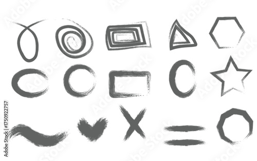 hand drawn grunge geometric shapes collection, abstract brush stroke line art design, minimal black ink sketch symbol set