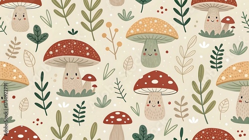 Seamless Pattern with Cute Mushrooms and Plants Whimsical Forest Illustration