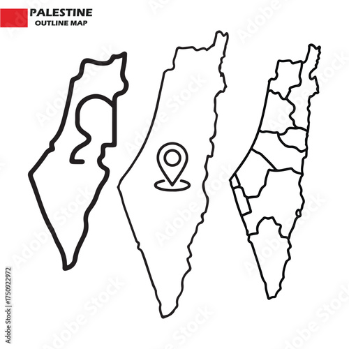 Outline maps of palestine showing borders and a location pin