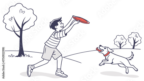 Boy Playing Frisbee with Dog in Park on Sunny Day - Joyful Outdoor Activity