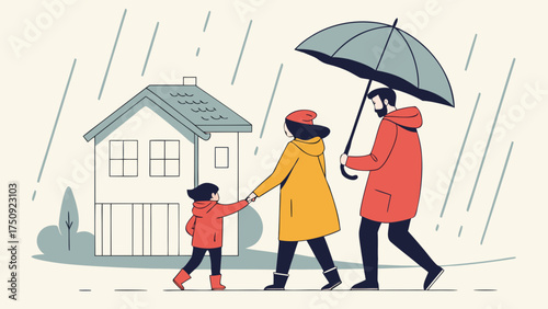 Family Walking in the Rain with Umbrella Outside Their Home - Warm Feelings in Cozy Neighborhood