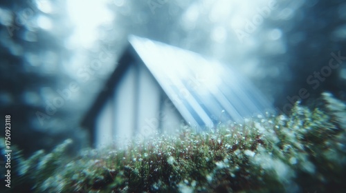 Mysterious cabin emerges from foggy forest, surrounded by lush g