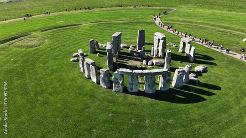 Drone view of Stonehenge and Wiltshire Countryside in England, UK. The stone circle dates to 3000 BC and is one of the best known ancient wonders of the world and UNESCO World Heritage Site.