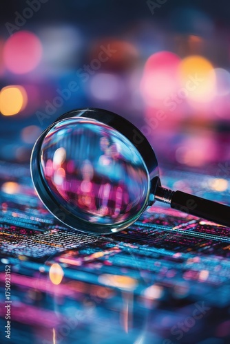 A magnifying glass resting on a surface displaying abstract digital data and bright bokeh