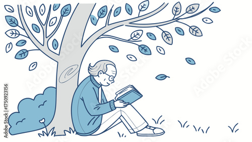 Man Reading Under Tree in Nature, Peaceful Environment, Illustration of Leisure Activity