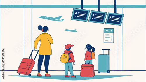 Waiting for Flight with Kids, Travel Plans, Excitement in a Busy Terminal