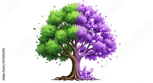Enchanted crystal tree with vibrant green leaves and amethyst gems, a mystical garden illustration for fantasy projects and magical designs