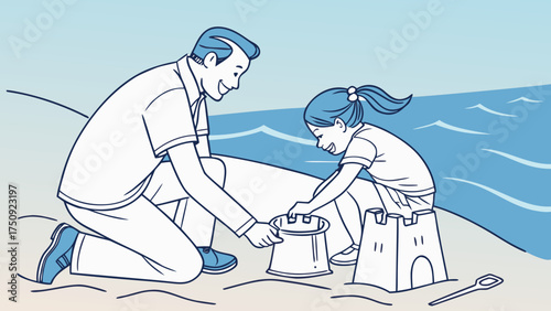 Father and Daughter Building Sandcastles Together by the Beach in a Serene Environment