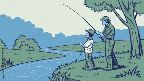 Father and Son Fishing Together by the Serene River in Nature's Embrace, Evoking Connection and Joy