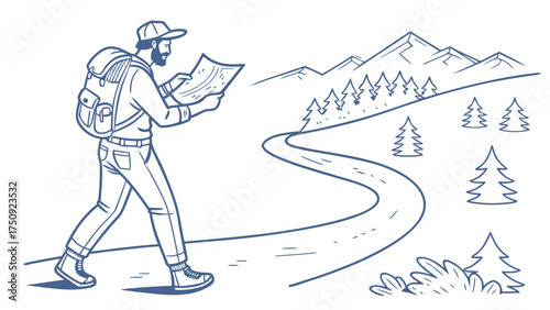 Man Hiking on Mountain Trail While Reading Map in Nature Environment
