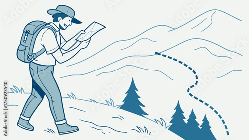 Man Navigating Mountain Trail with Map in Natural Landscape