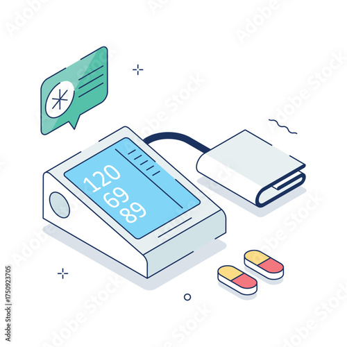 Isometric digital blood pressure monitor showing patient readings and health tracking