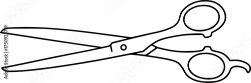 A simple black line art silhouette of scissors open and isolated on a white background isolated on white background
