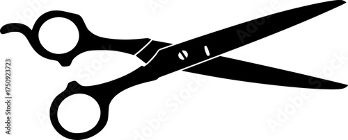 A simple black line art silhouette of scissors open and isolated on a white background isolated on white background
