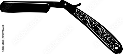 Black silhouette of a straight razor blade with a handle isolated on white background
