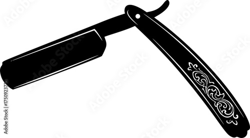 Black silhouette of a straight razor blade with a handle isolated on white background
