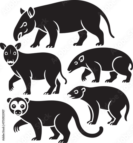 Exotic black animals parade in silhouette style