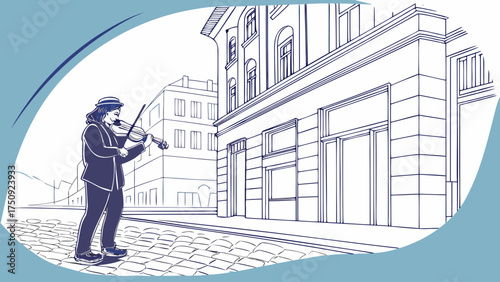 Street Performer Playing Violin in Historic City Setting – Artistic Illustration of Music and Culture