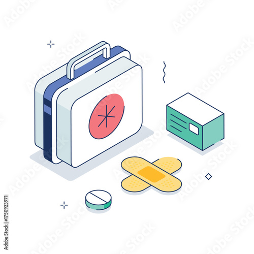 Isometric illustration of first aid kit with medicines, pills, and health care essentials.