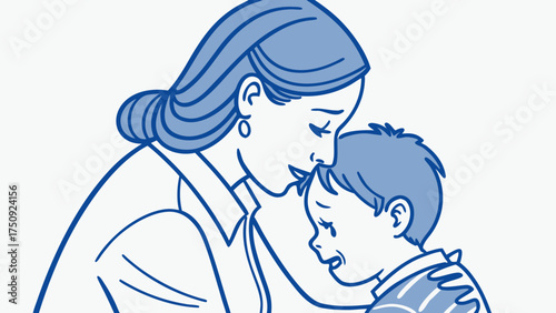 Mother Comforting Son at Home, Illustration, Tender Moment, Warm Atmosphere, Close-Up View