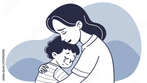Emotional Hug Between Mother and Child Illustrating Comforting Bonds in a Minimalist Style