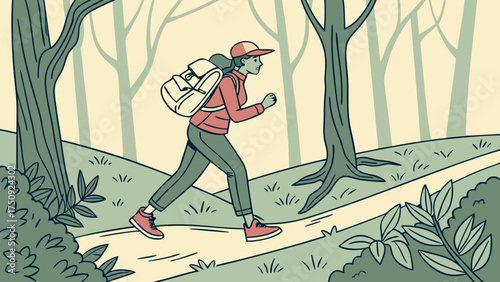 Hiking Adventure, Person, Forest Trail, Illustration, Misty Morning, Side View, Nature Exploration