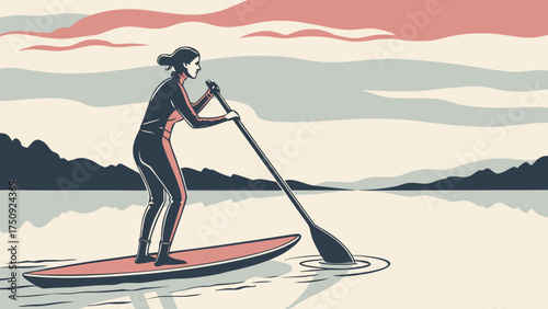 Woman Kayaking on Calm River at Misty Morning Reflection | Nature Illustration