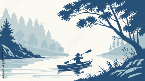 Kayaking Adventure, Person, Serene River, Illustration, Tranquil Landscape, Side View, Outdoor Escape